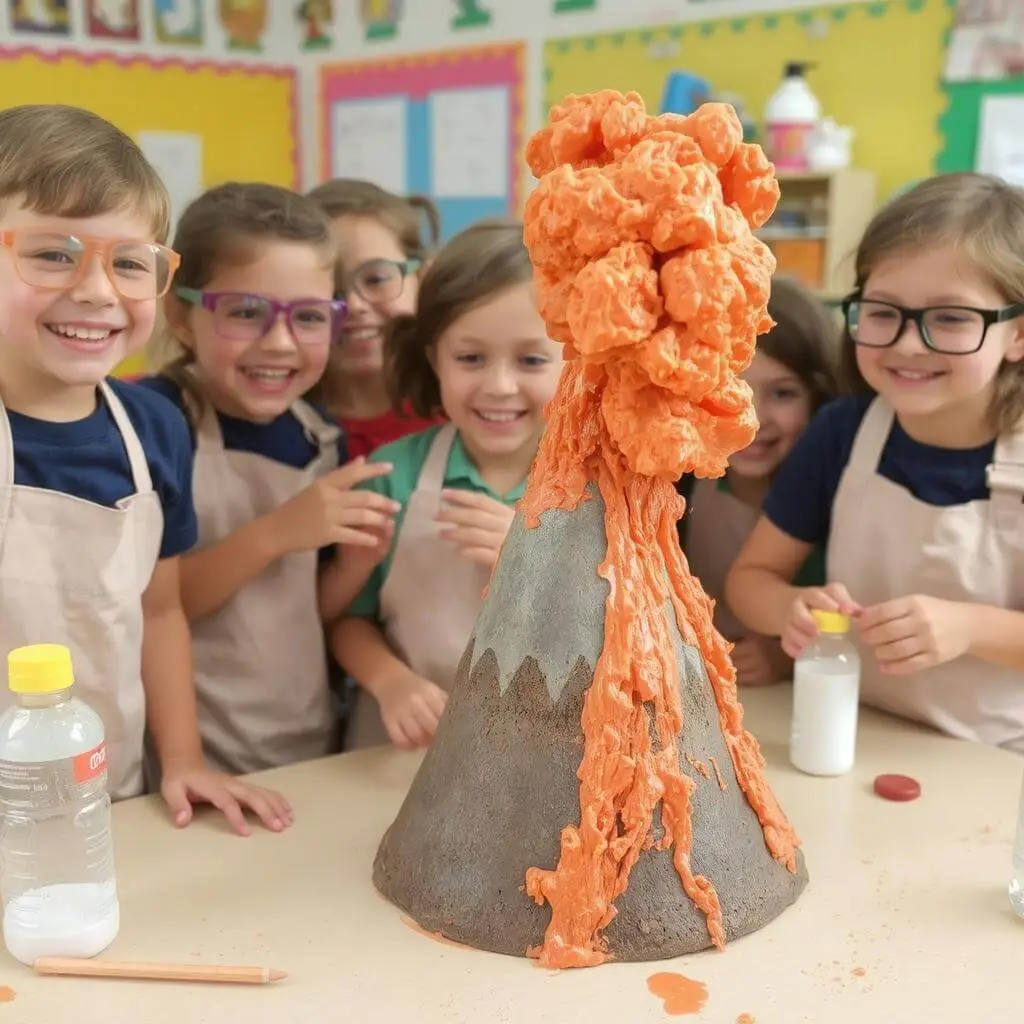 a group of children doing a bursting volcano experiment