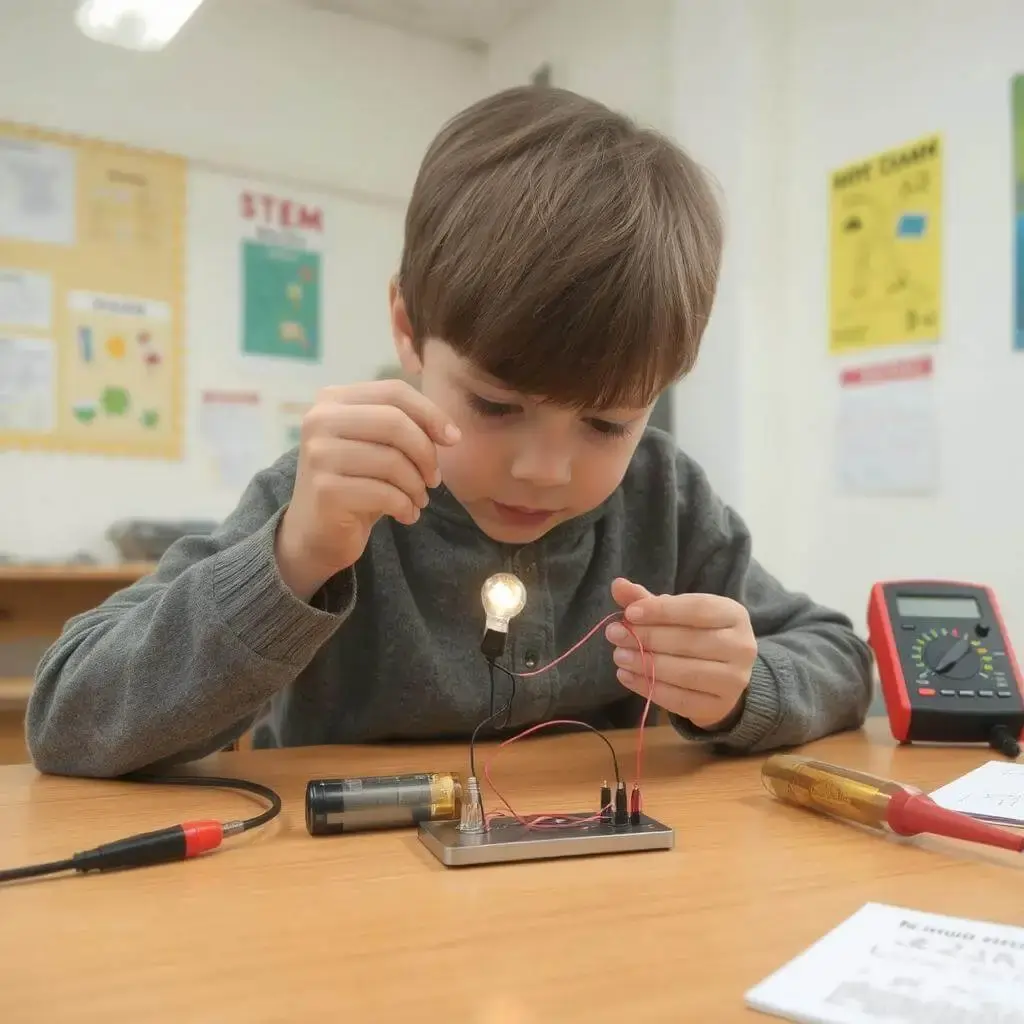 a kid is holding a wire and igniting a bulb using circuit