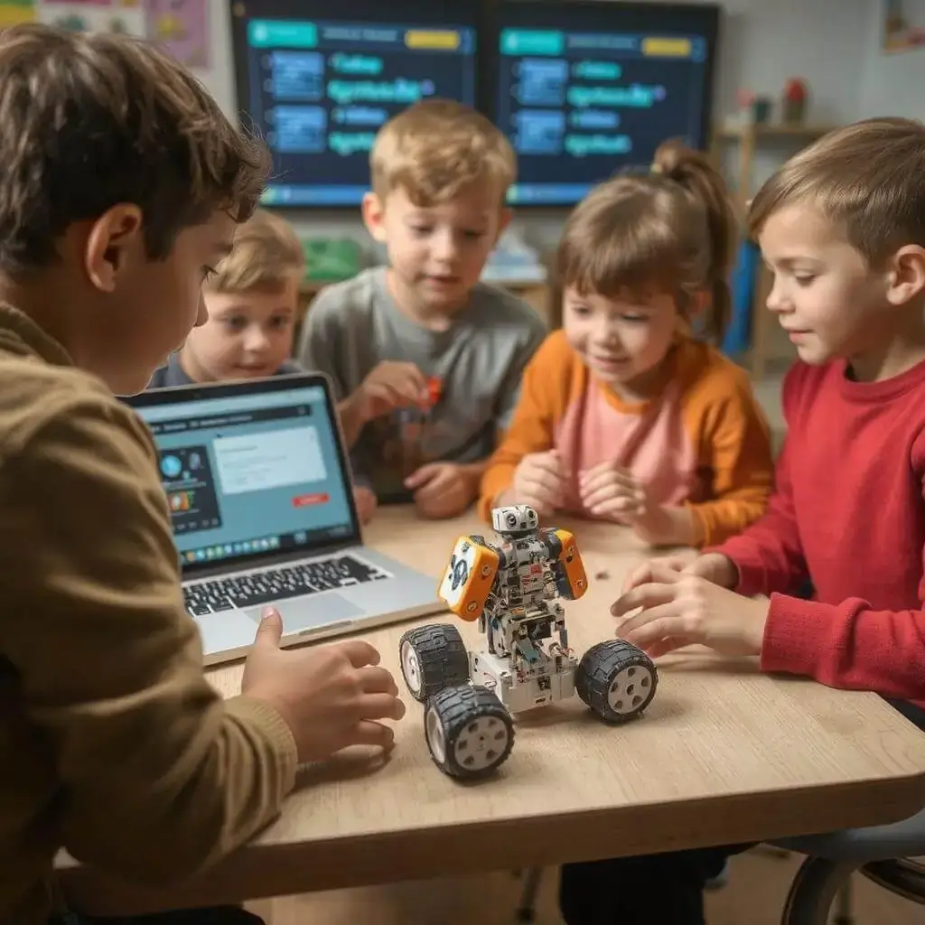 a group of kids looking at robotic car