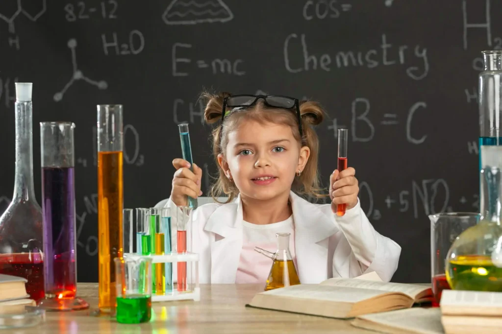 kid girl holding chemistry instruments