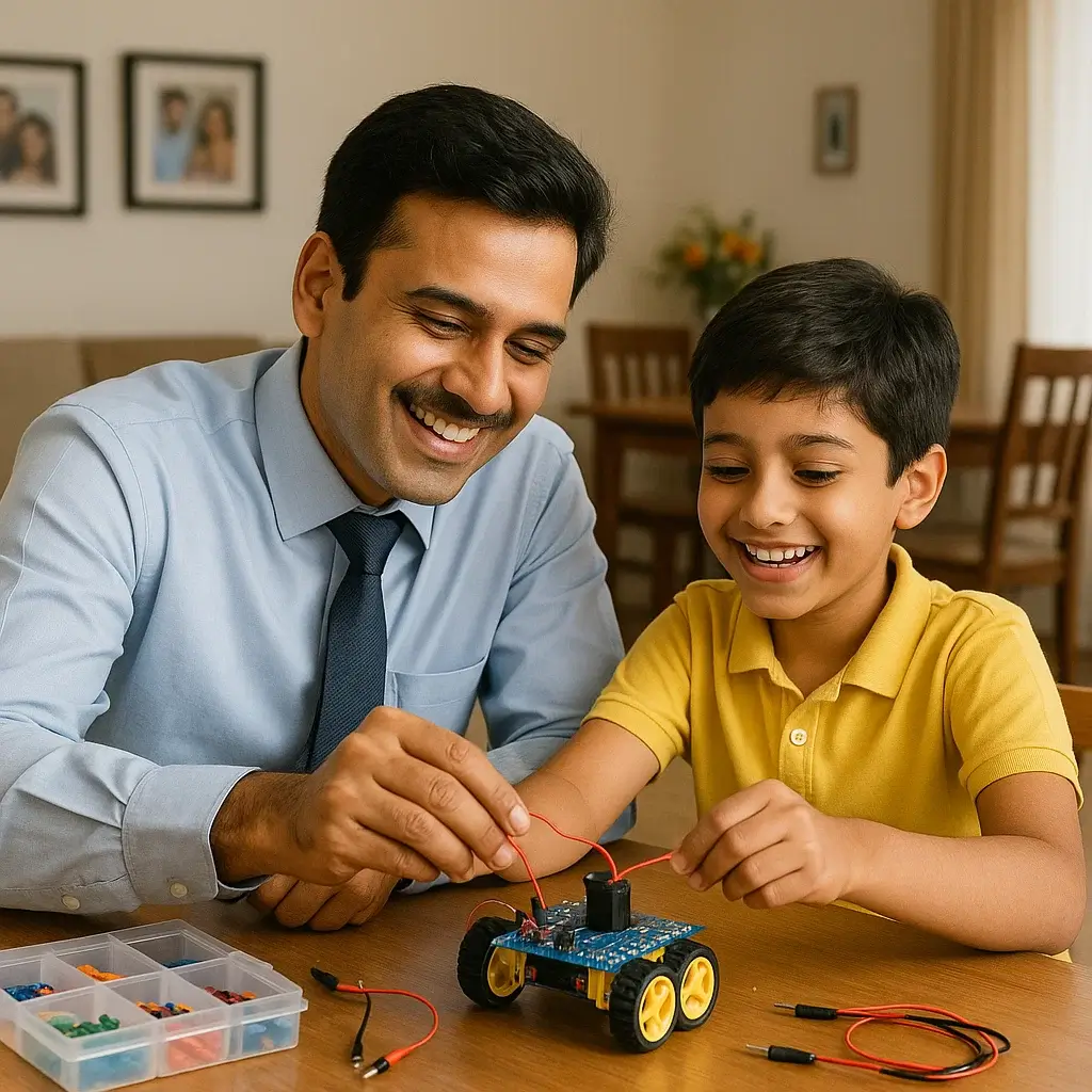 corporate working dad enaging with his kid and building robot