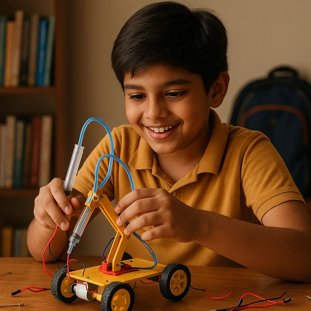school student kit building a robot car