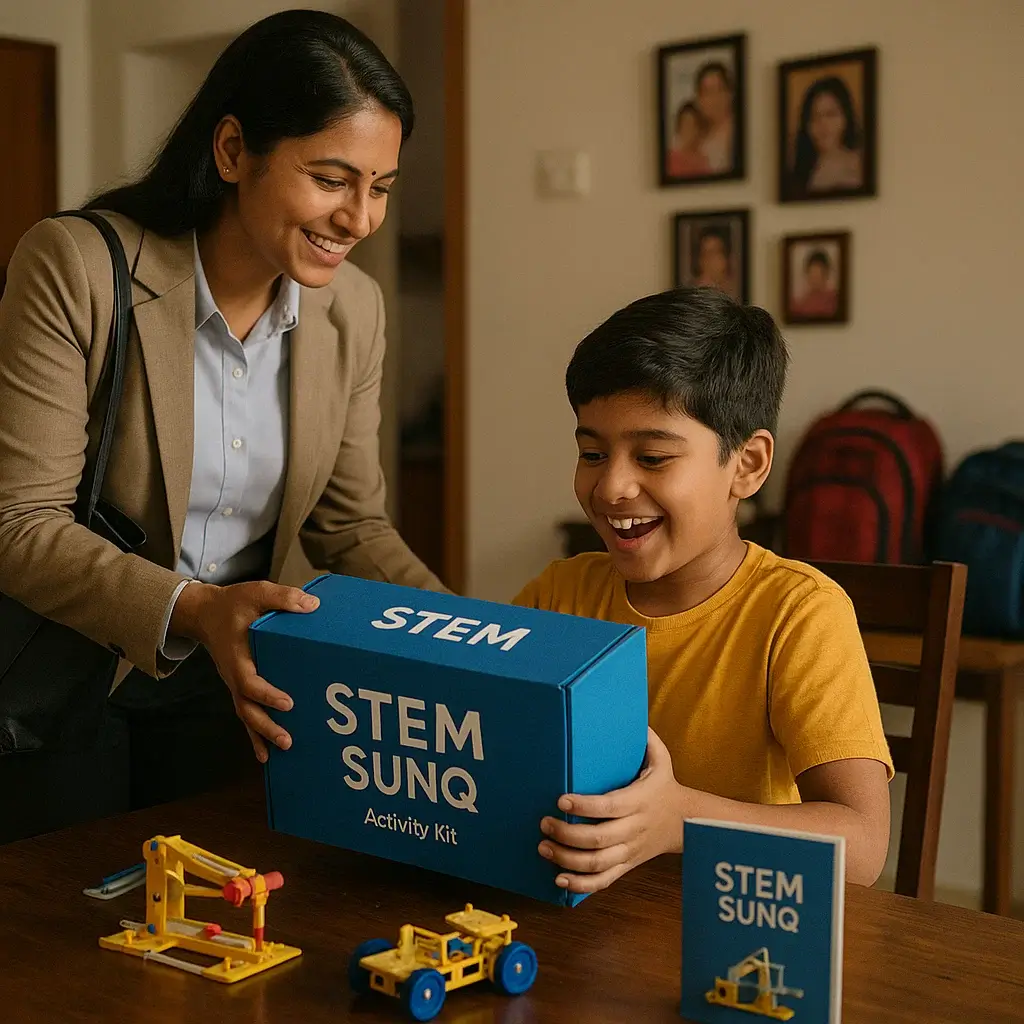 corporate working mom giving stem kit gift to her kid