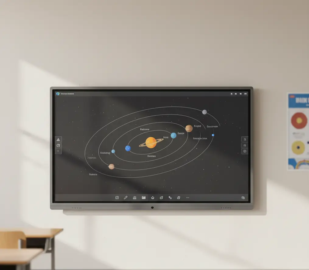 Interactive-Panel-in-school-classroom-showing-solar-system