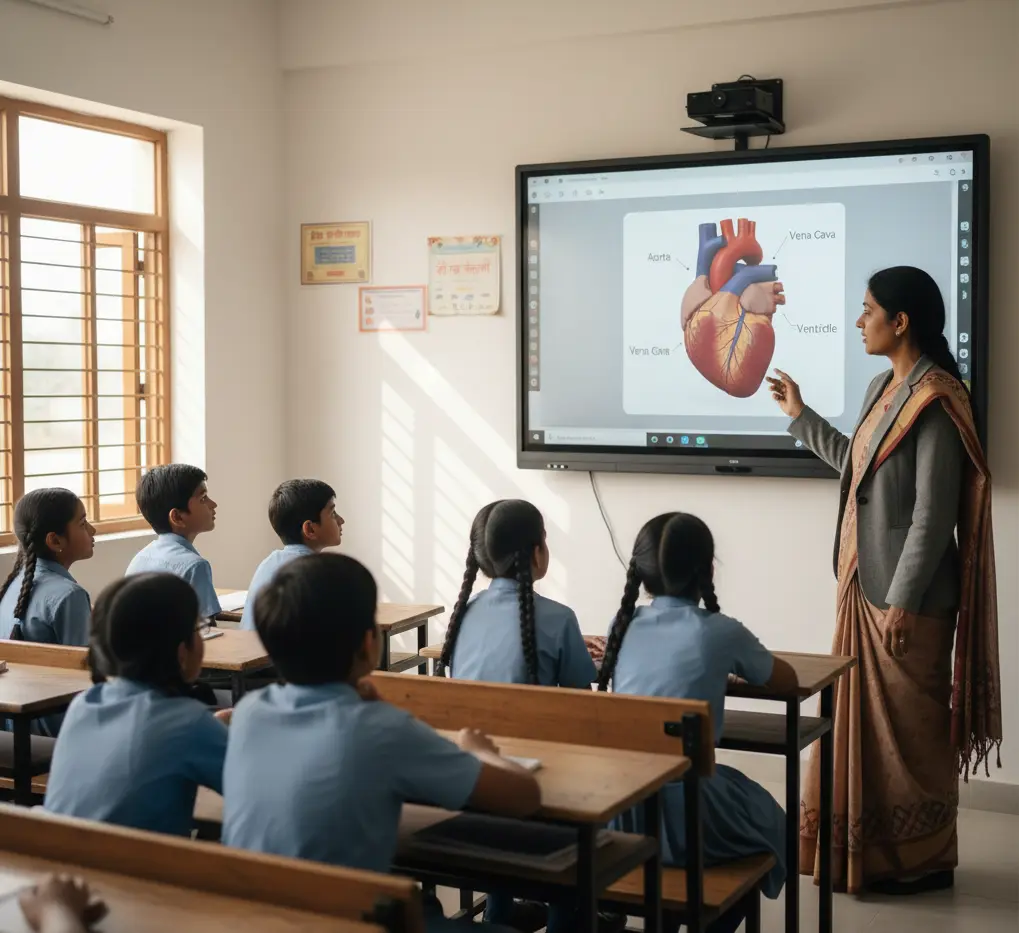 a-teacher-is-explaining-to-students-about-heart-uisng-3d-model-feature-in-Interactive-Panel-in-school-classroom